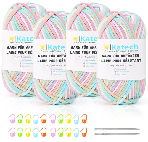 Katech Häkelgarn für Anfänger, 1-Wollstrang Kein Geteiltes Wolle zum Häkeln von Tier Untersetzer, Häkel- & Strickgarn, Dicke Wolle zum Stricken, 4 * 50g Dickes Garn Baumwolle zum Häkeln, Zuckerwatte