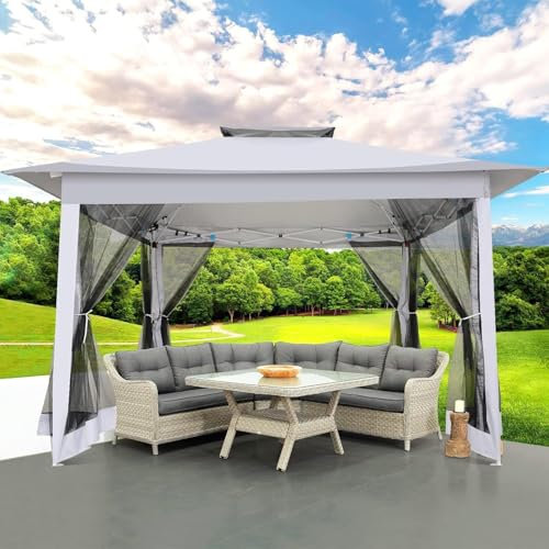 HOTEEL 3,65x3,65m pavillon wasserdicht stabil mit Moskitonetz und Sandsäcken, faltpavillon mit 4 Seilen 8 Säulen und tragbare Tragetasche, gartenpavillon für Garten und Hinterhof, Grau(Upgraded)