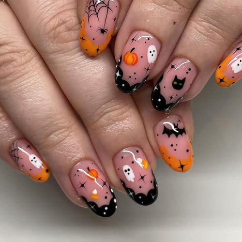 Halloween Press On Nails, 24PC Almond Short Glossy Cute Orange Pumpkin Black Cat Stick On Fake Nails for Women Girls Nail Art Party