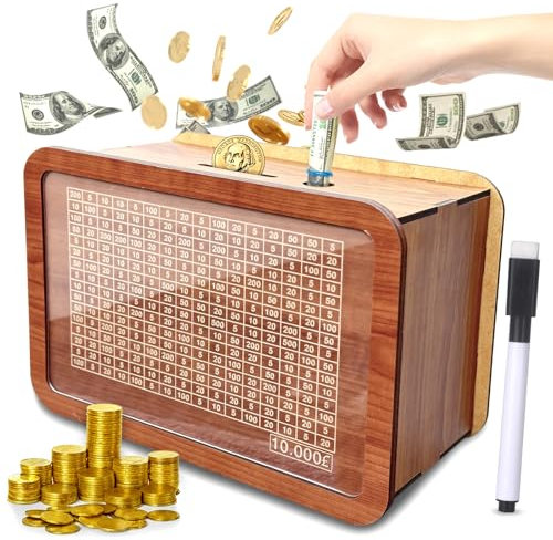 Clheatky Wooden Cash Saving Box, Piggy Bank for Adults Kids, Cash Vault with Money Target and Numbers, £10000 Money Saving Challenge