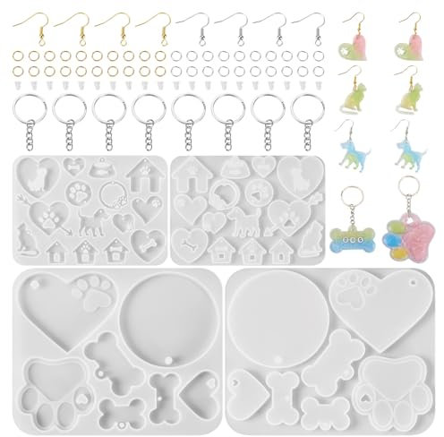 PandaHall - 2 moldes de resina epoxi UV con temática de mascotas 3D, huesos de perro, huellas de huesos, corazones, moldes de resina de silicona para llaveros y aretes, manualidades, fabricación de