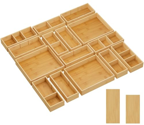 Lifewit 15 Pack Stapelbar Schubladen Organizer Holz mit 18 Einsätzen | Verstellbare Schubladeneinsatz mit maxi. 33 Fächern, Bambus Schubladenbox für Kosmetik Küchenutensilien usw in Küche Büro Bad
