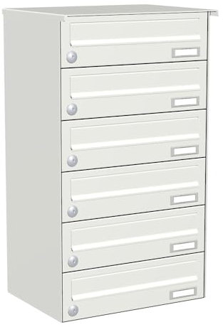 KNOBLOCH Briefkastenanlage | Aufputz | 6-Fach | Verkehrsweiß RAL 9016 | waagerecht | optional 2. Namensschild & 3 Schlüssel
