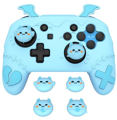 PlayVital Silikonhülle für Nintendo Switch Pro Controller, rutschfeste Schutzhülle Cover Skin für Nintendo Switch Pro Controller mit 4 Daumengriffkappen und 2 Aufklebern-Gothic Imp Series, Aqua Blau