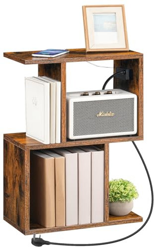 HOOBRO Slim Side Table with Charging Station, Narrow Bedside Table with USB Ports and Outlets, End table with Open Storage for Small Space, Living Room, Bedroom, Rustic Brown EFG137KBZ01