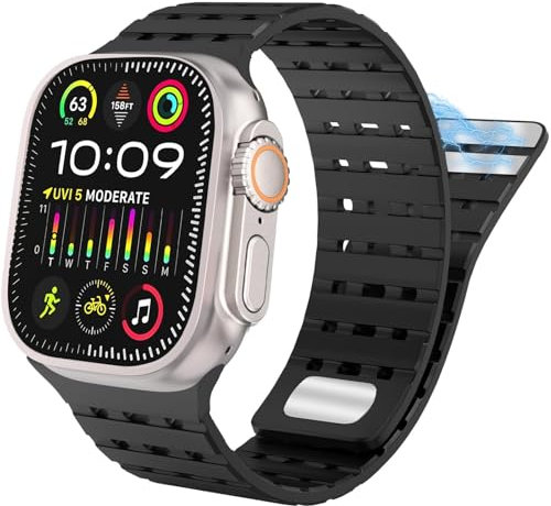 SKXMOD For Apple Watch Band 49mm 45mm 44mm 42mm Bands for Women Men, Sport Magnetic Silicone Strap for iWatch SE SE2& Series 9/8/7/6/5/4 Ultra 2/Ultra(Black)