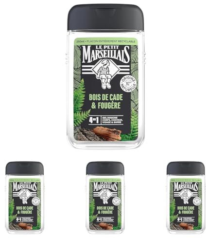 Le Petit Marseillais - Gel Douche Homme Bois de Cade & Fougère (flacon de 250 ml) – Formule 4 en 1 corps, cheveux, visage & barbe – 92% d'ingrédients d'origine naturelle et pH neutre (Lot de 4)