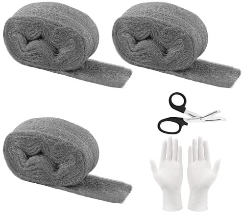 Stahlwolle 0000, 3 Rollen Stahlwolle Gegen Mäuse, 10,5m Edelstahlwolle Fein mit Arbeitshandschuhen und Schere für Löcher und Wand Risse von Haus, Garage, Garten und für Reinigen und Polieren