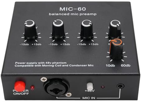 Mikrofonvorverstärker -Mikrofon -Booster, Home -Audio -Leistungsverstärker mit 3 Eingang, 60 DB Verstärkung und 48 -V -Phantomleistung, Kleiner Stereo -Audio -Vorverstärker (Mit