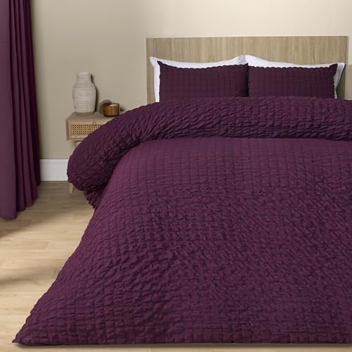 OHS Single Duvet Cover Set, Super Soft Warm Cosy Seersucker Duvet Cover Luxurious Embossed Geometric Seersucker Quilt Single Bedding Set with Pillowcase, Wine