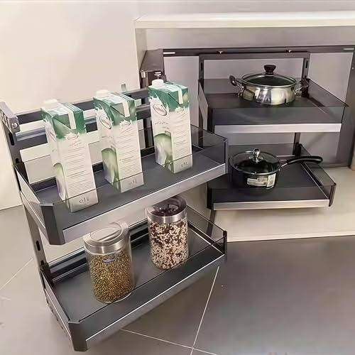 WINNIESHOP Blind Corner Cabinet Pull Out Organizer 2 Tier with 4 Detachable Shelves Magic Pull Out Deep Corner Cabinet Organizer Narrow Blind Cabinet Pull Out (Aluminum, Left/Right Open)