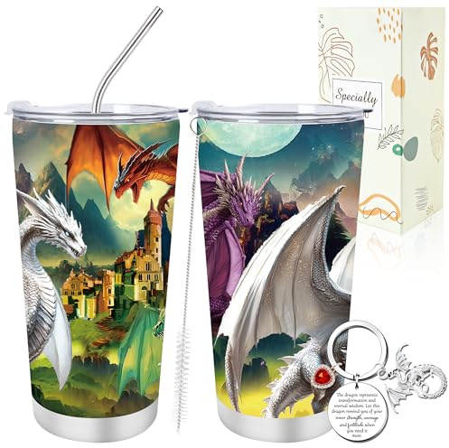 Luvart Dragon Gifts for Men Women - 2Pcs Dragon Lovers Gifts, 20Oz Insulated Travel Mug Tumbler Coffee Cup, Cool Keyring, Christmas Graduation Birthday Gifts for Daughter Son Sister Brother Friends
