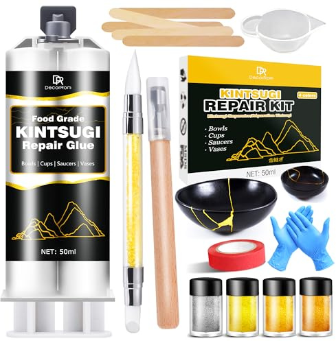 Set di riparazione Kintsugi, 50ml Oro/Argento Set Kintsugi Adesivo per Porcellana, Sicuro per Alimenti Set di Riparazione per Ceramica, per la Riparazione di Ceramica Rotta, Vetro, Sculture, Ceramiche