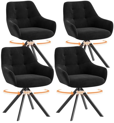 COLAMY Drehbare Esszimmerstühle 4er Set, Esszimmerstühle Drehbar mit Armlehne, Armlehnstuhl Drehbar mit Rückenlehne für Esszimmer, Stühle aus Weichem Florstoff mit Metallgestell für Küche, Schwarz