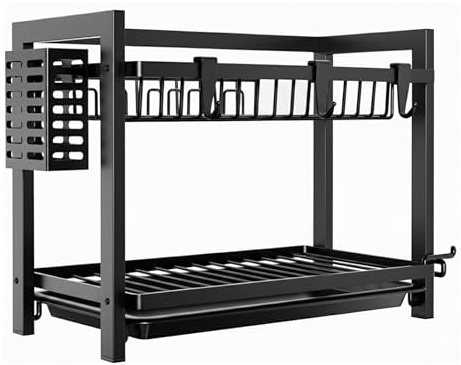 Weida | Escurridor de Platos 2 Niveles en Acero Negro | Estantería Multifuncional para Platos y Utensilios | Tamaño Compacto | Ideal para Cocinas Pequeñas (1, 43cm-39cm-23.5cm)