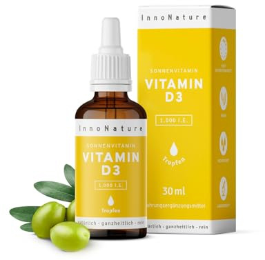 InnoNature Vitamin D3 Tropfen | natürlich aus Flechten in Olivenöl | 30ml, Hochdosiert mit 1.000 I.E. (25 µg) pro Tropfen, vegan