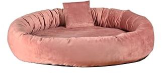 Rohrschneider Kuschelinsel Velvet Haustierbett, Samt, Runde Liegefläche, Herausnehmbares Kissen, Abnehmbar, Antirutsch, mit Dekokissen (Rose, S)
