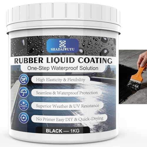 Black Rubber Liquid Roof Coating,1KG Rubber Paint Waterproof Sealant,No Primer Instant Leak Seal,Quick Drying Elastic Membrane for Asphalt Concrete Metal