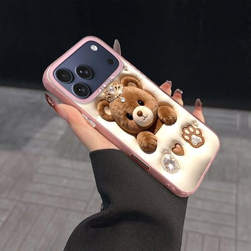Cute Teddy Bear Phone Case, Pink, 3D Crown Bear Design with Rhinestone Accents