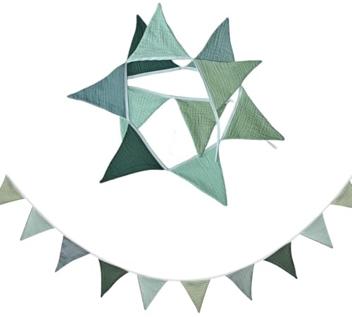 Wimpelkette Salbeigrün, Stoff Girlande Baumwolle Deko | Musselin weiche, Geburtstagsparty, Wanddeko, Hausbett Verspielung, Garten OutdoorParty Zimmer Feste