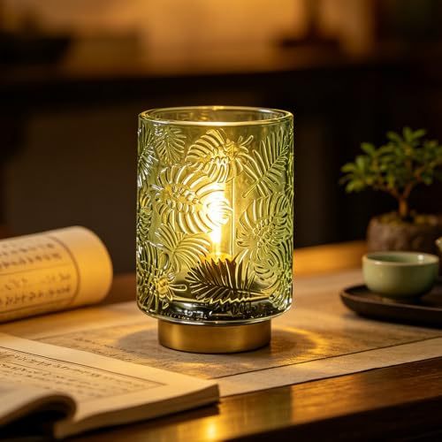 HOVCEH Battery Operated Lamp Green, Cordless Battery Powered Lamp with LED Bulb, Glass Table Lamp, Battery Operated Night Light, Small Vintage Table Lamp for Living Room Bedroom Tabletop Entryway