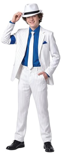 Koongso Pop King Michael Stage Outfits, Rockstar MJ Tour Blazer Anzug – Weiß gestreifte Jacke, Hose und Krawatte 80er 90er Jahre Kleid-Set für Halloween, Tanzparty, Freizeit