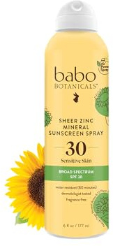 Babo Botanicals Sheer Zinc Continuous Sunscreen Spray SPF30 - Natural Zinc Oxide - Extra Sensitive Skin - Water Resistant - Vegan - Fragrance-Free - Air-Powered Spray - For all ages