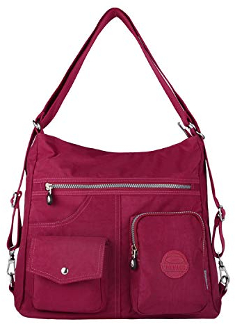 NOTAG Damen Nylon Schultertasche, Große Kapazität Reise Multipocket shopper Umhängetasche (Weinrot)