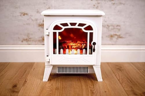 HomeZone Traditional Electric Fireplace Adjustable Flame Effect Stove Fire Heater - Freestanding Fire Place 2 Heat Settings Portable Heater Log Burner Room Heater for Home Heating (White, 1800W)