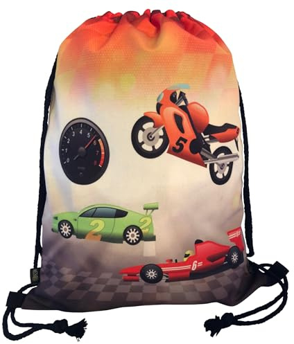 HECKBO Kinder Turnbeutel Racing Rennauto - 40x32cm - Sportkleidung Trinkflasche - Kindergarten, Schule, Stoffbeutel Kita - Rucksack, Tasche, Sportrucksack, Sportbeutel Junge Mädchen