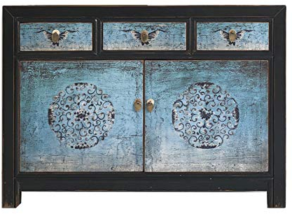 OPIUM OUTLET Shabby-Chic Sideboard Kommode Vintage-Stil Schrank orientalisch asiatisch chinesisch Anrichte Buffet schwarz-türkis Holz