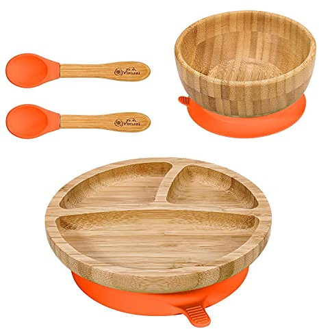 Vinsani Bamboo Bowl, Round Plate and Spoon Set for Baby/Toddler, Suction Plate, Stay-Put Design, Hypoallergenic and BPA-Free (Orange)