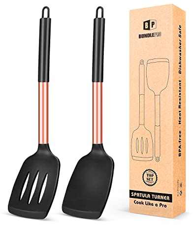 Pack of 2 Silicone Solid Turner,Non Stick Slotted Kitchen Spatulas,High Heat Resistant BPA Free Cooking Utensils,Ideal Cookware for Fish,Eggs,Pancakes (Rose Gold -Black)