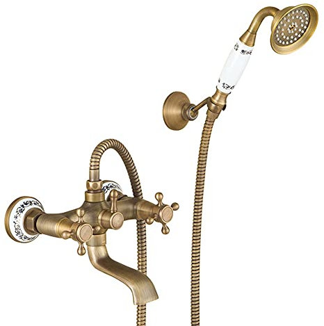 Robinet De Baignoire Avec Douchette À Main Laiton Mitigeur De Baignoire Montage Mural Avec Support Et Flexible 150 Cm, Finition Laiton Antique