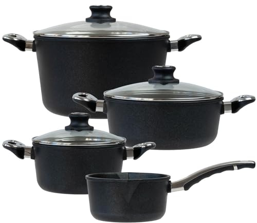 BAF Kochtopf Set Induktion 7-tlg. Bratentopf 20 cm + 24 cm, Gemüsetopf 28 cm & Stieltopf 18 cm - Topfset Aluguss beschichtet - Made in Germany