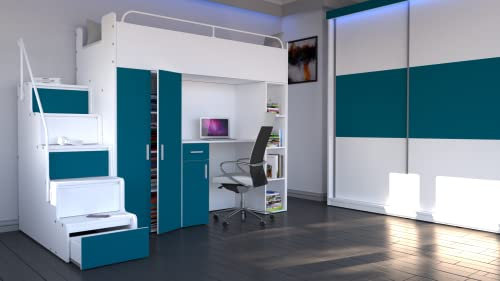 Furniture Just4U Limited Modern Cabin High Sleeper Bed Bunk Bed Loft Bed Storage Mid Sleeper High Bed Wardrobe Desk Stairs Set Without Mattress Bedroom Boy Girl Child Youth Max 4SM (Teal)