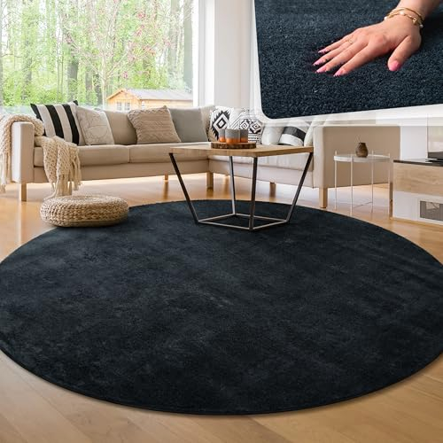 Paco Home Moderner Kuscheliger Wohnzimmer Teppich Kurzflor waschbar flauschig Weich Einfarbig Felloptik zeitlos stilvoll rutschfest pflegeleicht, Grösse:80 cm Rund, Farbe:Navy-Blau