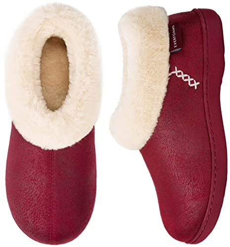 EverFoams Ladies' Micro Suede Memory Foam Slippers with Fluffy Faux Fur Collar and Indoor Outdoor Rubber Sole Wine Red, Size 5-6 UK