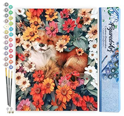 Figured'Art Malen Nach Zahlen Erwachsene Kleiner Fuchs und Blumen 2 - Paint by Numbers Basteln DIY Bastelset 40x50cm ohne Holzrahmen