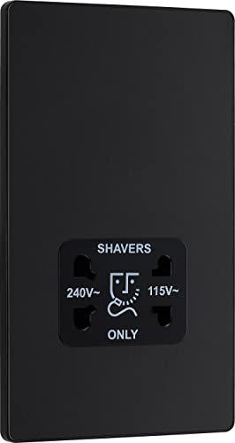 BG Electrical Dual Voltage Shaver Plug Socket, Electric Toothbrush Charger Socket for Bathrooms, Screwless Front Plate, Round Edges, Evolve, 2-Pin, Matt Black, 115V / 240V, PCDMB20B