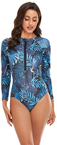BEACHKINI Maillot De Bain Zippé à Manches Longues pour Femmes Maillot De Bain Une Pièce Décontracté,11 Bleu,S