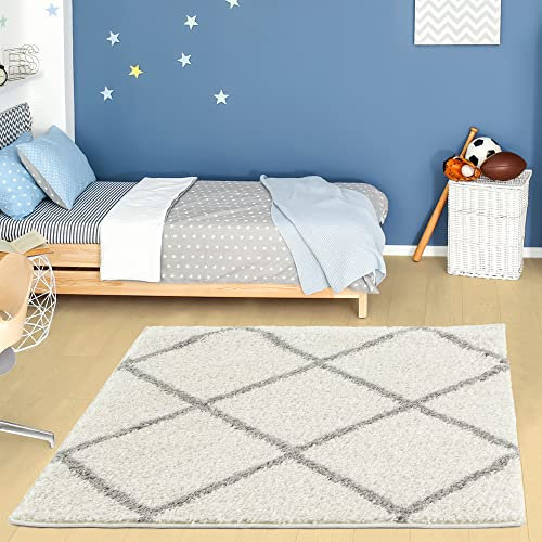 THE RUGS Shaggy Rug – Modern Moroccan Design Rugs for Living Room, Bedroom, Hallway, 3 cm Thick Area Rugs, (Diamond Ivory/Grey, 120cm Square)