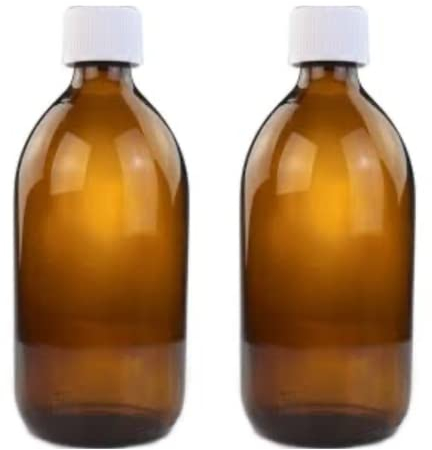500ml Amber Glass Bottles with white Medicap lids ~ Pack of 2 ~ Child resistant closure, refillable, reusable, and travel sized strong medicine bottle.