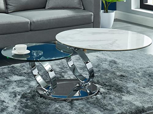 Vente-unique - Table Basse avec Plateaux pivotants - Céramique, Verre trempé et métal - Effet marbre Blanc - Joline de Maison Céphy