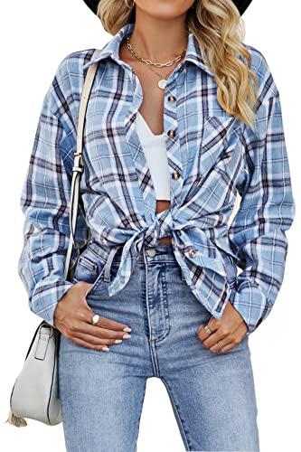 CHYRII Flanellhemden für Damen, mit Knopfleiste, langärmelig, kariert, Shackets, Business, Freizeit, Bluse, Oberteil