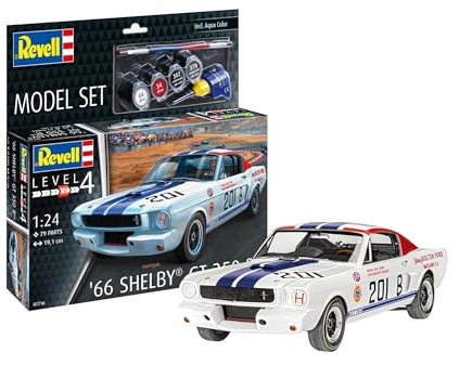 Revell 67716 Shelby GT 350 R 1965 - Kit de modelo de plástico sin construir/sin pintar a escala 1:24 con pegamento profesional Contacta, pincel y pinturas de color aguamarina seleccionadas