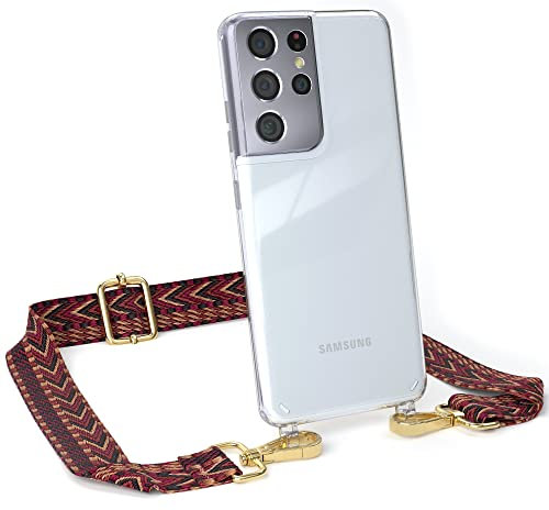 EAZY CASE Handykette - Verstellbares Taschenband kompatibel mit Galaxy S21 Ultra 5G, Schulterriemen, Handykordel mit Silikon Hülle, Umhängetasche, Rot Braun Gold