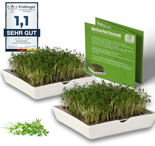 growpowr® - Kresse ANZUCHTSCHALEN || 2X Keramikschale mit 2X Kressesieb | Keimschalen auch für 7 weitere Sprossen geeignet | Kresseschale | Kress | Kresse Schalen | Keimschalen für Kresse | cress