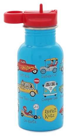 Tyrrell Katz Kids Cars Printed Drinking Bottle in Blue with Straw - Stainless Steel Dishwasher Safe Lightweight Boys Sports Water Flask - 400 ml