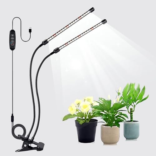 Melofo LED Grow Lights Bars for Indoor Plants Red White 6000k/660nm Full Spectrum 40 LEDs Lights with 10 Dimming Level and Timer 3 Lighting Modes Clip-on 360°Adjustable Gooseneck 2-Heads Grow Lamp